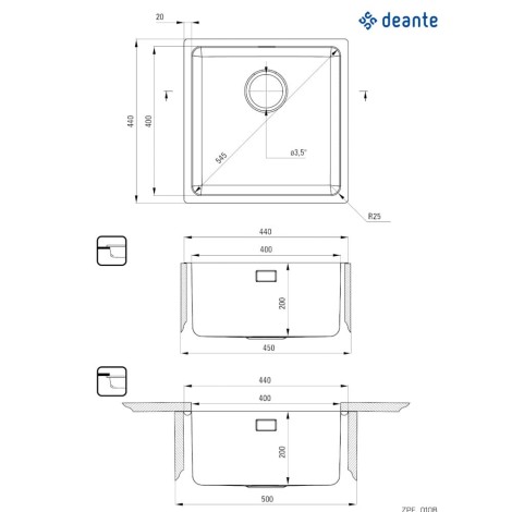 Deante Egeria zlewozmywak stalowy 1-komorowy 44x44 stal szczotkowana.