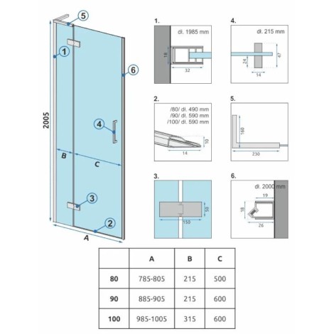 Rea Hugo drzwi prysznicowe uchylne 80x200, czarny