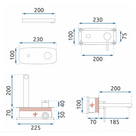 Rea Oval bateria umywalkowa podtynkowa + box czarna - rys. techniczny