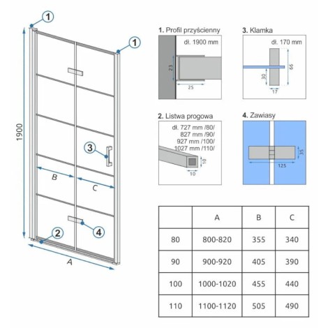 Rea Molier drzwi prysznicowe składane 100x190, czarny