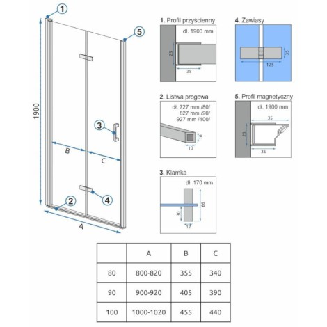 Rea Molier drzwi prysznicowe składane 100x190, chrom