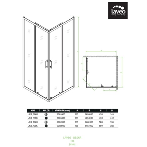 Laveo Desna kabina natryskowa kwadratowa szkło transparentne chrom 90x90x185cm rys. techniczny