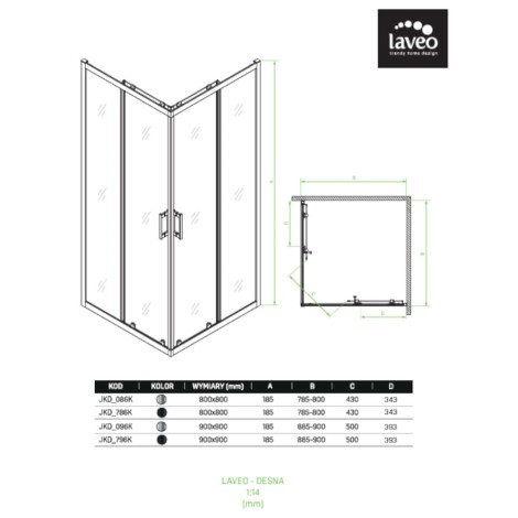 Laveo Desna kabina natryskowa kwadratowa szkło transparentne czarna 80x80x185cm - rys. techniczny