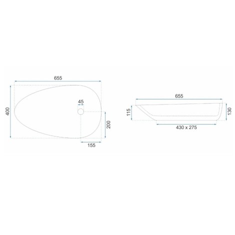 Rea Greta umywalka nablatowa bianco shiny 65,5x40cm - rys. techniczny