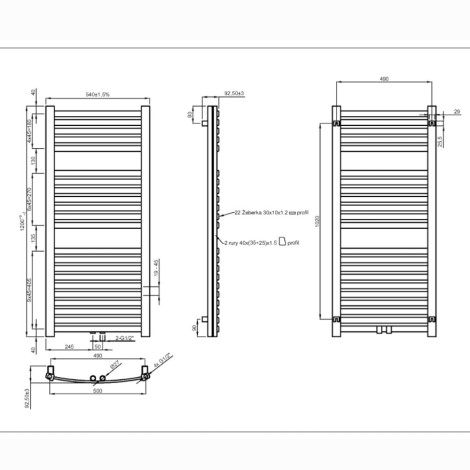 Invena grzejnik łazienkowy 120x54 cm grafit - rysunek techniczny.