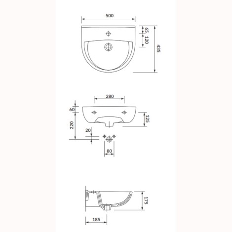 Cersanit President umywalka z otworem na baterie 50 cm - rysunek techniczny.