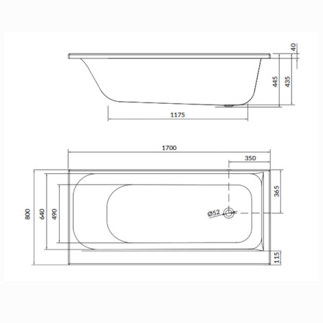 Cersanit Smart wanna prostokątna 170 x 80 cm lewa - rysunek techniczny.