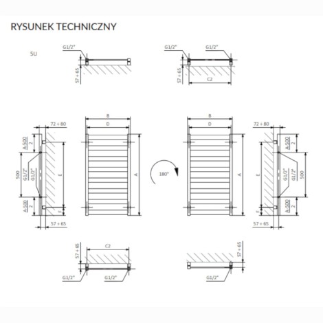Terma vivo grzejnik łazienkowy 91x50 czarny - rysunek techniczny.