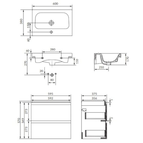 Cersanit Moduo zestaw szafka slim 60cm + umywalka antracyt - rysunek techniczny