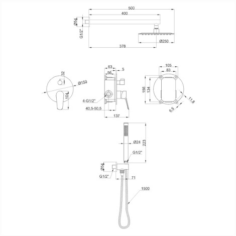 Invena Alonia deszczownia zestaw podtynkowy 2 funkcyjny chrom - rysunek techniczny.