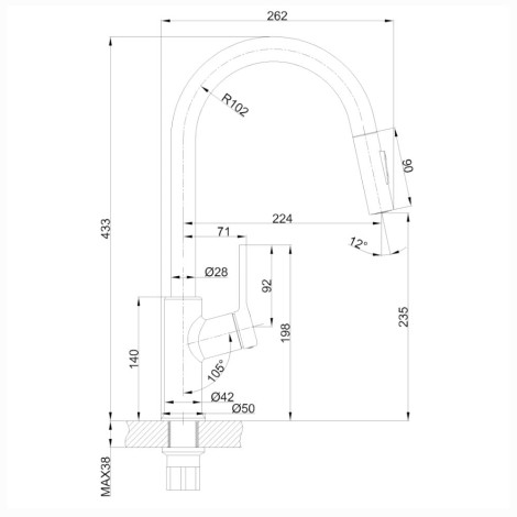 Invena Farsala bateria zlewozmywakowa z wyciaganą wylewką 2 funkcyjna czarna - rysunek techniczny.