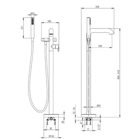Deante  Silia bateria wannowa wolnostojąca z kompletem natryskowym stal