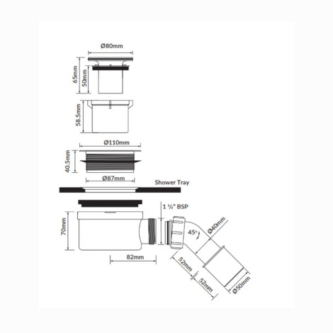 Cersanit Tako Slim brodzik półokrągły z syfonem 80 x 80 x 4 cm - syfon rysunek techniczny.