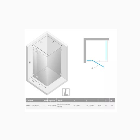 New Trendy Eventa prostokątna  lewa chrom 90x110x200 cm-rys.tech.