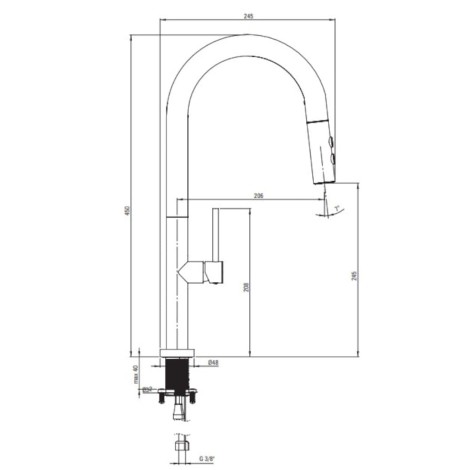 Deante Olfato bateria zlewozmywakowa z wyciąganą słuchawką stal szczotkowana - rys. techniczny