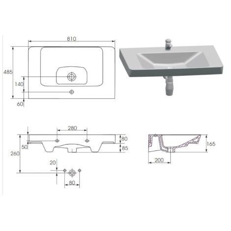 Cersanit Lara zestaw szafka 80cm + umywalka Mille szary - umywalka  rysunek techniczny