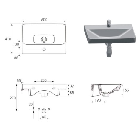 Cersanit Lara zestaw szafka 60cm + umywalka Mille szary - umywalka rysunek techniczny