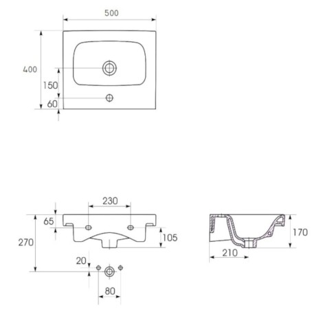 Cersanit Moduo zestaw szafka 50cm + umywalka antracyt - umywalka rysunek techniczny