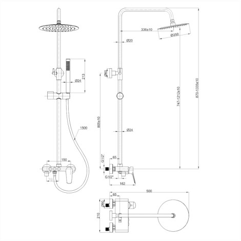 Invena Alonia deszczownia z baterią natryskową chrom - rysunek techniczny.