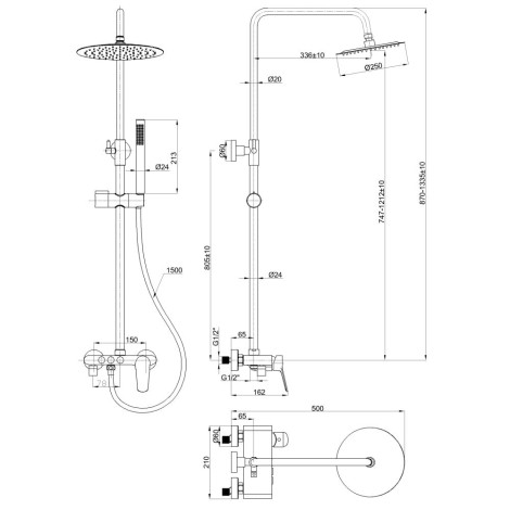 Invena Alonia deszczownia zestaw natryskowy z baterią złoto szczotkowane - rysunek techniczny.