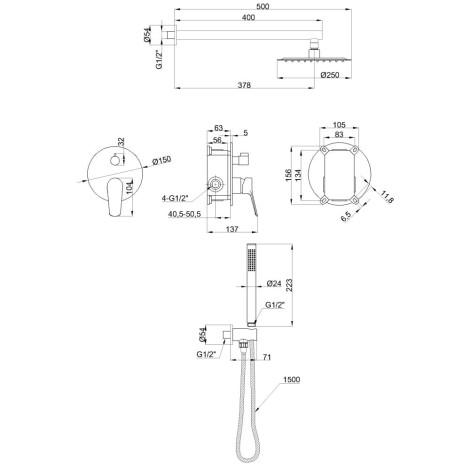 Invena Alonia deszczownia zestaw podtynkowy 2 funkcyjny czarny połysk - rysunek techniczny.