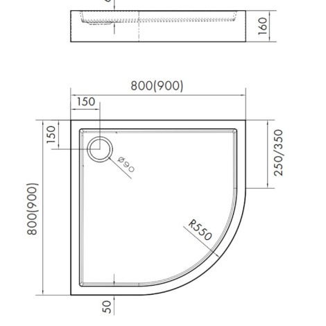 Schedline Favory Plus white stone brodzik półokrągły 80x80cm - rysunek tech