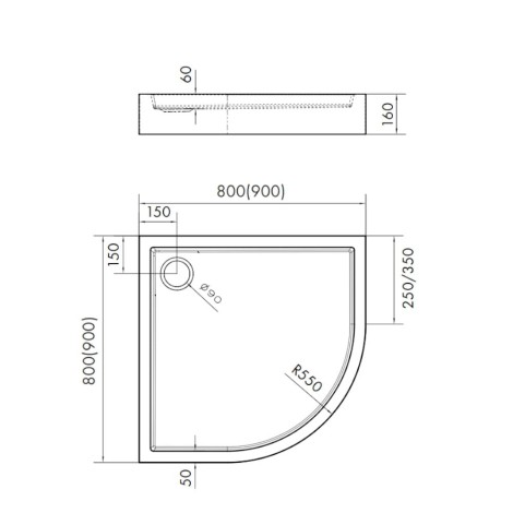 Schedpol Medium brodzik pólokrągły 90x90cm-rys tech