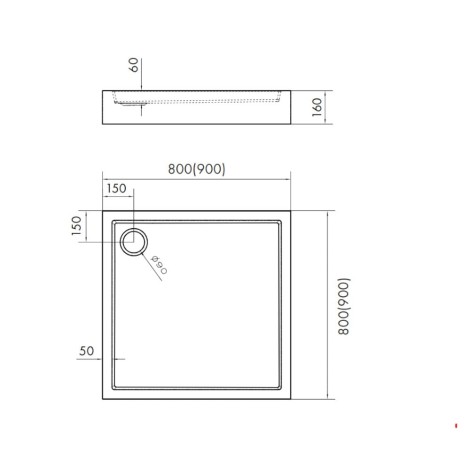 Schedpol Medium black stone  brodzik kwadratowy 90x90cm-rysunek tech