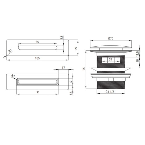 Deante korek  click-clack wannowy zestaw z przelewem prostokontnym biały