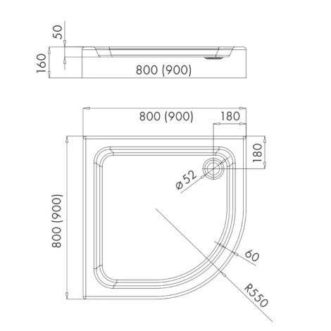 Schedpol Eko 2.0 brodzik półokrągły 90x90cm-rysunek tech