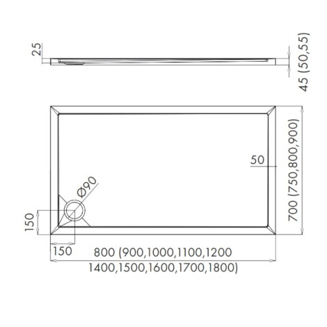 Schedline Estima brodzik prostokątny 70x110cm- rys tech