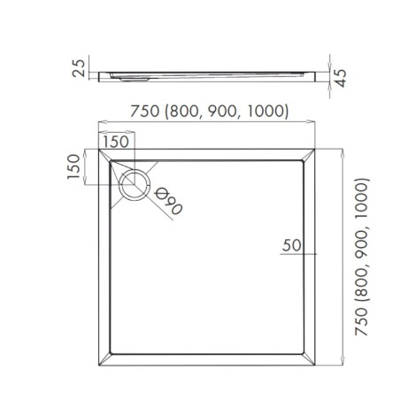 Schedline Estima brodzik kwadratowy 100x100cm - rysunek tech