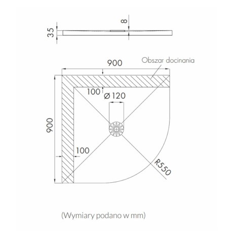 Schedpol DELUXE brodzik półokrągły 90x90cm -rysunek tech