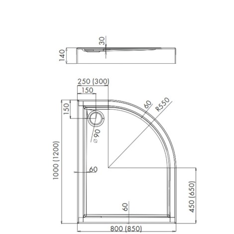Schedpol Competia brodzik półokrągly asymetryczny prawy 80x100cm-rysunek tech