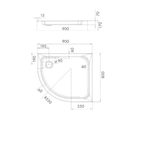 Schedpol Grando Plus brodzik półokrągły asymetryczny prawy 80x90cm-rysunek tech