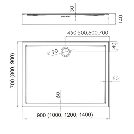 Schedpol Competia brodzik prostokątny 90x140 cm-rys tech