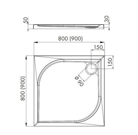 Schedline Canes brodzik kwadratowy 90x90cm - rysunek techniczny