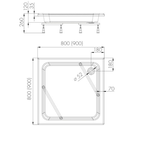 Schedpol Zefir brodzik kwadratowy 90x90cm-rysunek tech