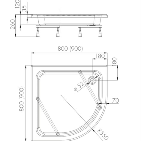 Schedpol Zefir brodzik półokrągły 80x80cm-rys tech