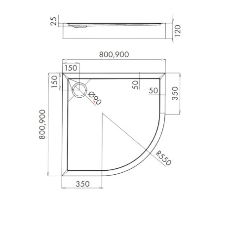 Schedpol Competia New brodzik półokrągły 90x90cm-rysunek tech