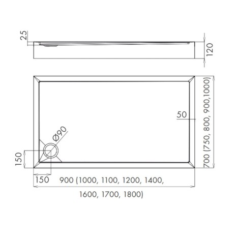 Schedpol Competia New brodzik prostokątny 70x160cm-rysunek tech