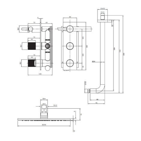 Omnires Contour system prysznicowy podtynkowy złoty szczotkowany - rysunek techniczny