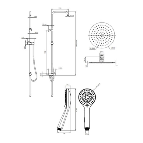 Omnires Calgary kolumna prysznicowa z deszczownicą chrom - rysunek techniczny