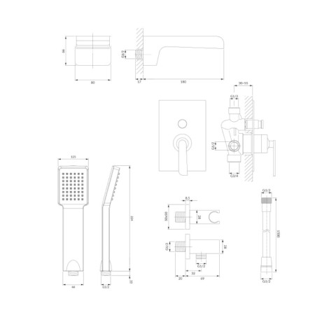 Omnires Cascade system wannowy podtynkowy chrom - rysunek techniczny