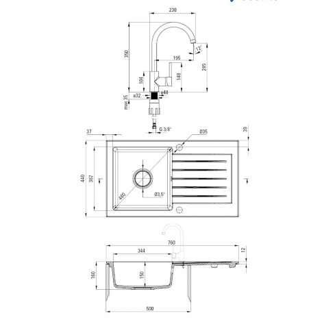 Deante Zorba zlewozmywak granitowy z baterią 1-komorowy z ociekaczem 76x44 alabaster.