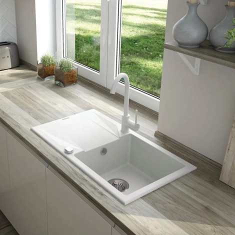 Deante Zorba zlewozmywak granitowy z baterią 1-komorowy z ociekaczem 76x44 alabaster.