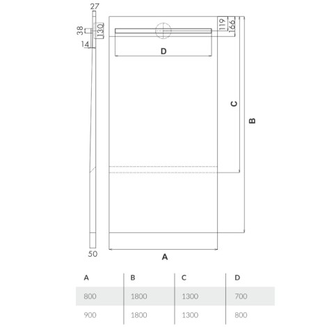 Schedpol Slim Lux steel slim brodzik prostokątny 130+50x80cm-rysunek tech