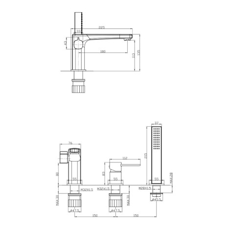 Invena Glamour bateria wannowa 3-otworowa-rysunek tech