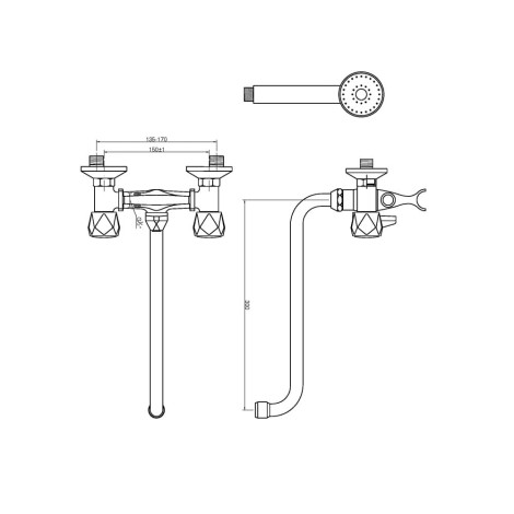 Invena Modena bateria wannowa z natryskiem chrom-rysunek tech