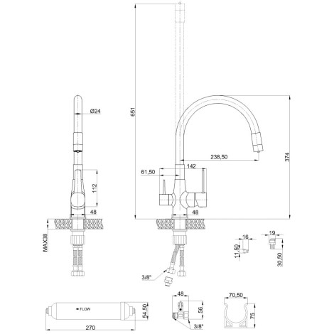 Invena Glamour bateria zlewozmywakowa szara-rysunek tech